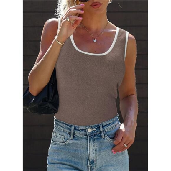 2 Pack Tank Top Scoop Neck Ribbed Knit Color Block Slim Fitted Cami Tops Shirts - Picture 2 of 7